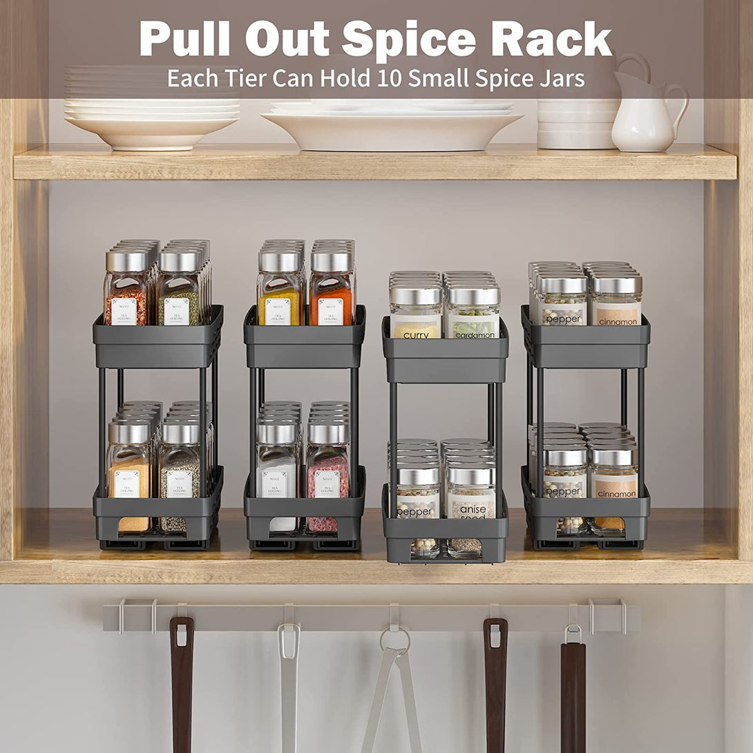 2 Packs Pull Out Spice Rack Organizer for Cabinet, Slide Out Spice Racks Organizer, Easy to Install Spice Cabinet Organizers, 4.33''Wx10.4''Dx8.5''H, Each Tier Hold 10 Spice Jars - 2 Tier