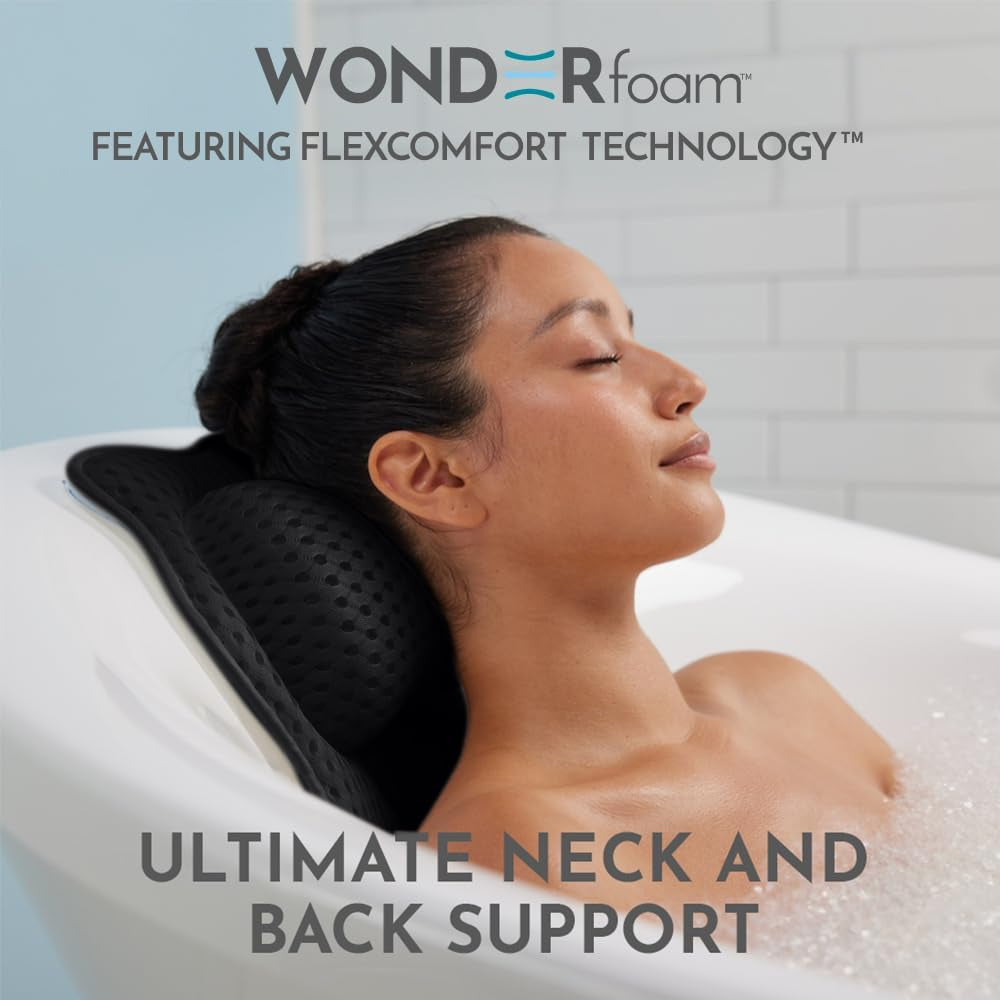 Wonderfoam Thick Padded Ergonomic Bath Pillow for Tub, Bathtub Headrest Neck and Back Support, Strong Suction Cups, Machine Washable Breathable Mesh Quick Dry Pillows, Luxury Spa Accessories, Black