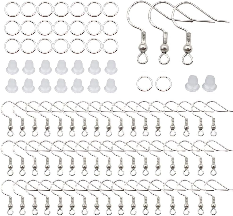 100Pcs/50Pairs 925 Sterling Silver Earring Hooks,Ear Wires Fish Hooks,300Pcs Hypoallergenic Earring Making Kit with Jump Rings and Clear Rubber Earring Safety Backs