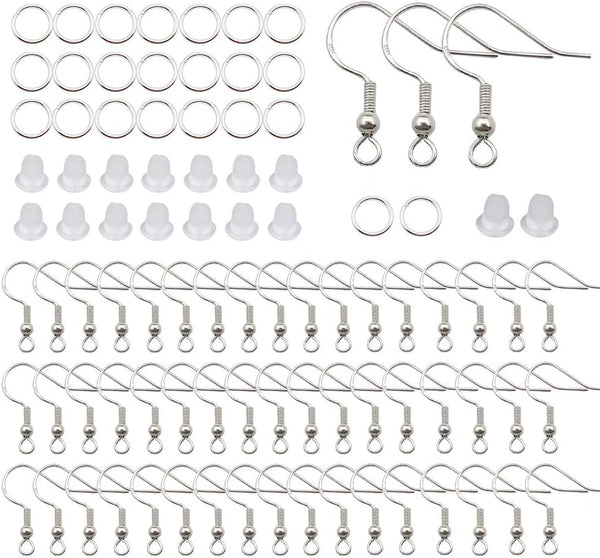 100Pcs/50Pairs 925 Sterling Silver Earring Hooks,Ear Wires Fish Hooks,300Pcs Hypoallergenic Earring Making Kit with Jump Rings and Clear Rubber Earring Safety Backs