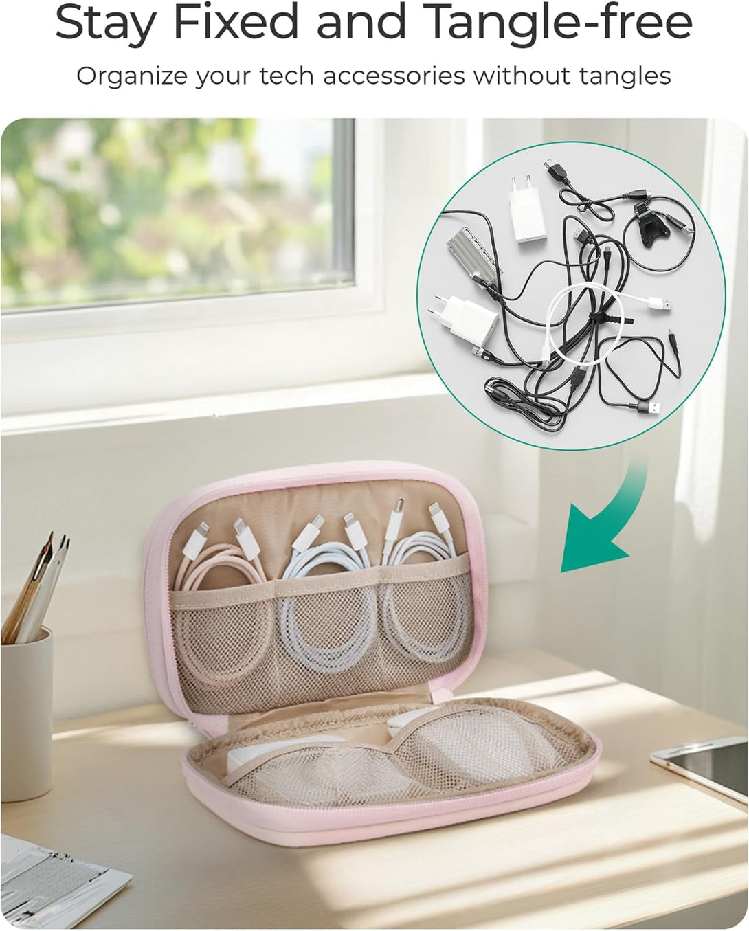 BAGSMART Electronics Organizer Travel Case, Cord Organizer for Women, Travel Cable Bag (Beige)