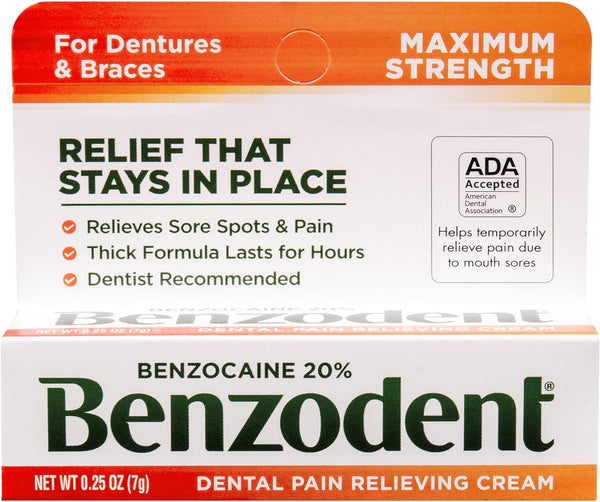 Benzodent Dental Pain Relieving Cream for Dentures and Braces, Topical Anesthetic, 0.25 Ounce Tube