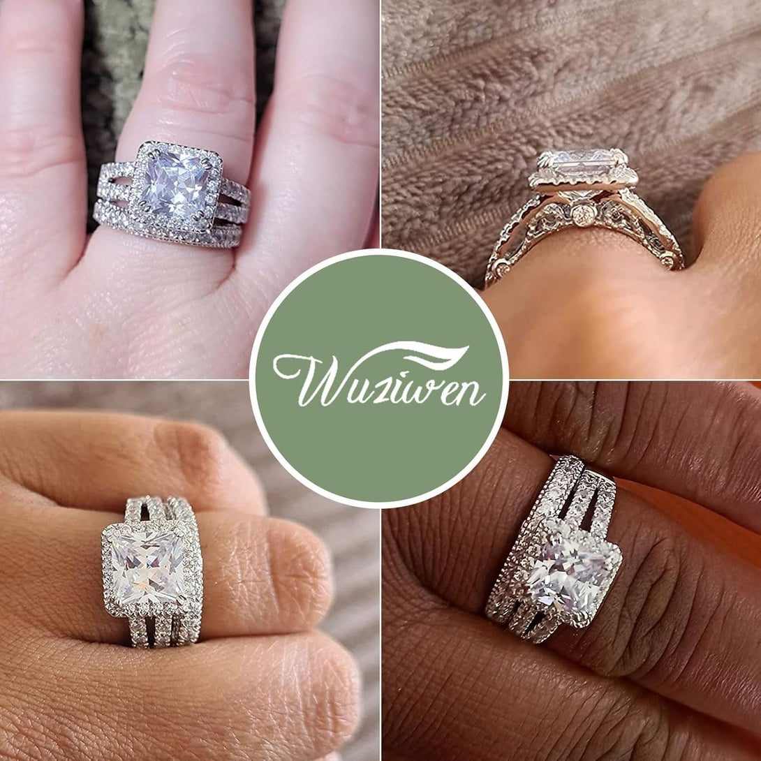 Wuziwen 4Ct Engagement Rings for Women Sterling Silver Cubic Zirconia Wedding Bridal Ring Set Size 4-13