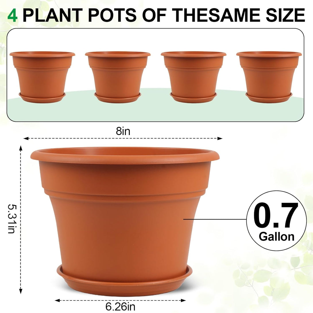 8 Inch Plastic-Flower Pot-For-Indoor Plants, 4 Pack Large Outdoor Planter Pot with Drainage Holes & Saucers, Resin Decorative Garden Pots Planters