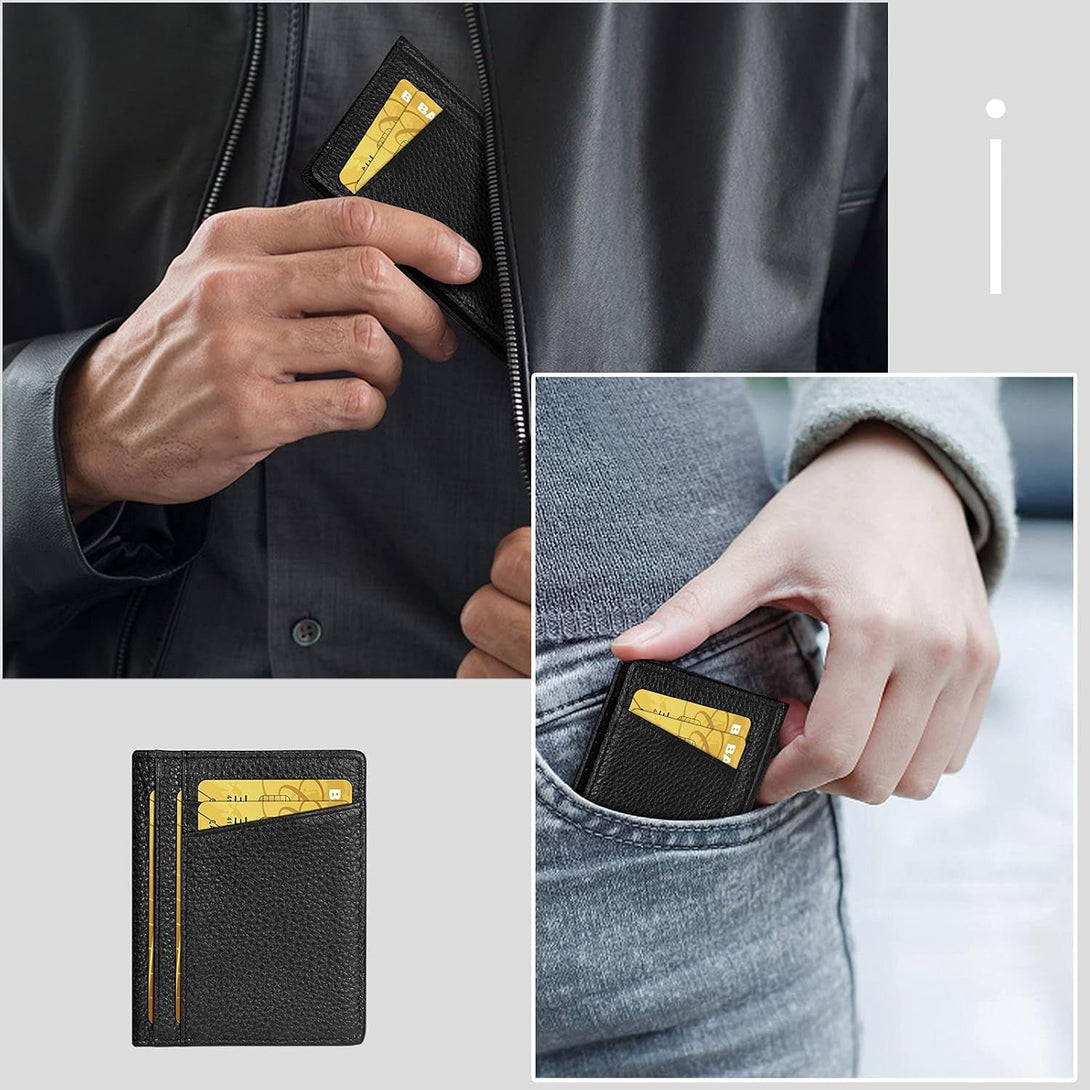Unaone Slim Minimalist Wallet - Premium Leather RFID Blocking Front Pocket Wallets with 8 Card Slots and 2 ID Window, Black