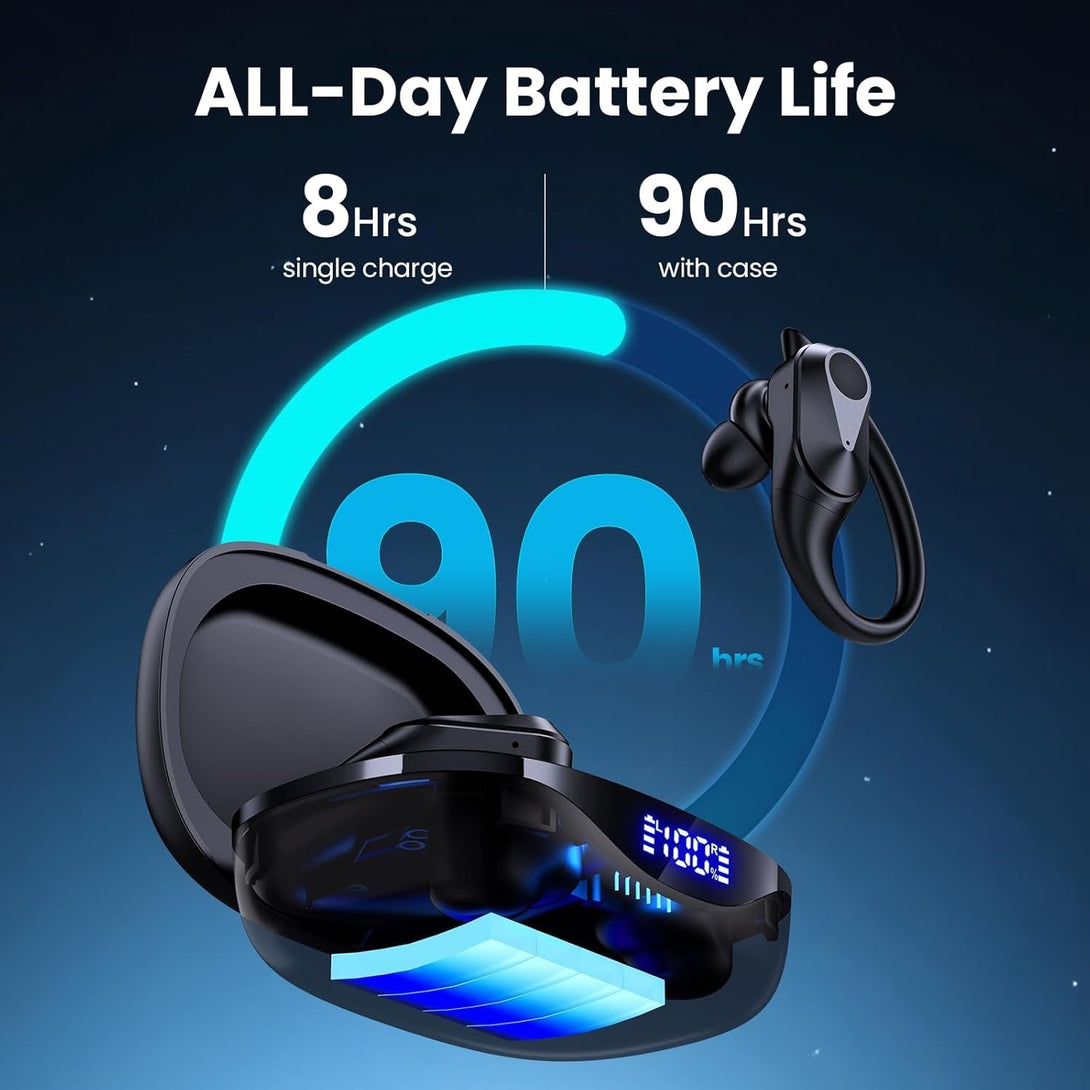 Wireless Earbuds Bluetooth Headphones 90Hrs Playtime Ear Buds IPX7 Waterproof Sports Earphones Wireless Charging Case Over-Ear Earhooks Headest