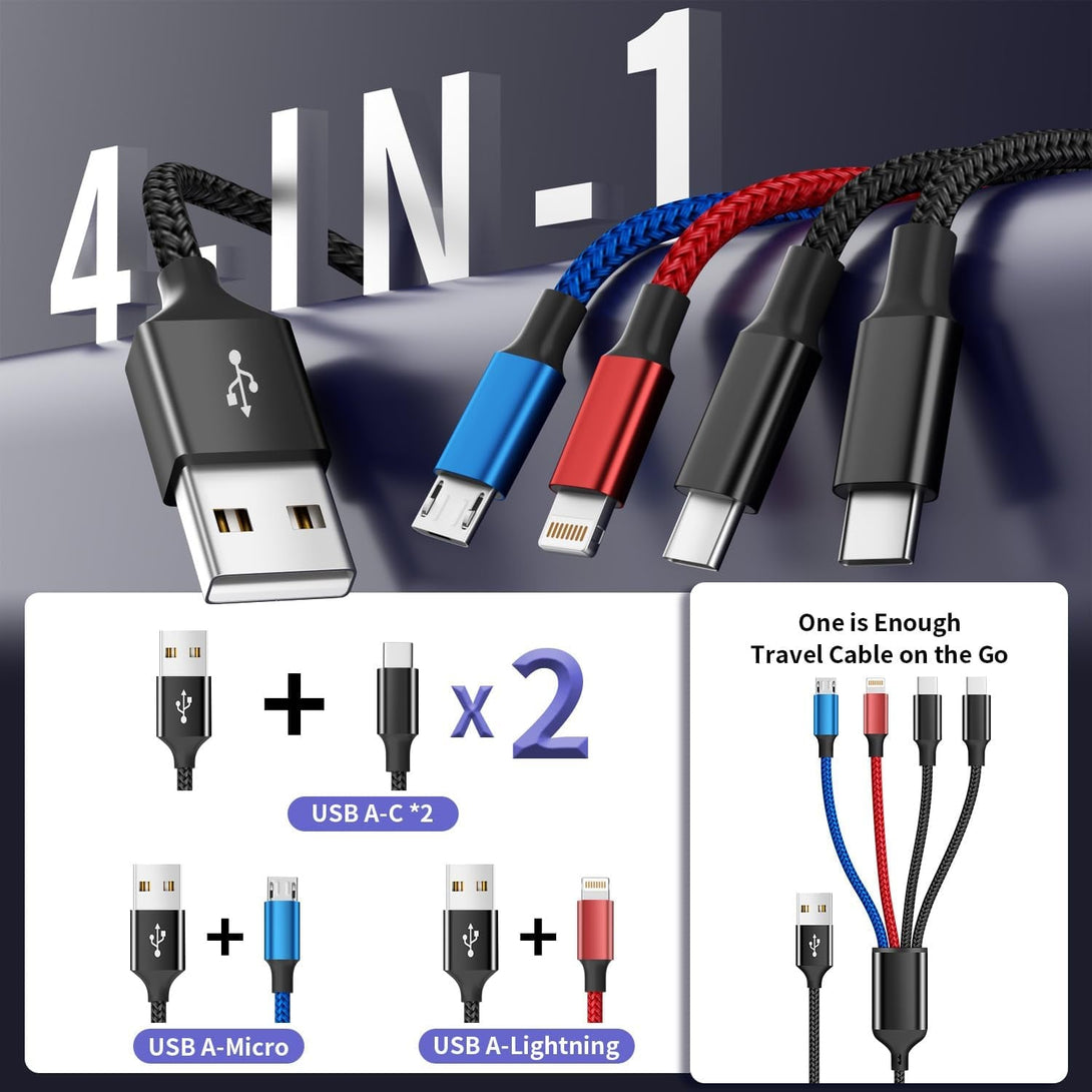 Dual Type-C 4 in 1 Charging Cable 2Pack 5FT, Multi Charging Cable for Multiple Devices, Universal USB Cable with Ip/Micro/Dual USB-C Port Compatible Iphone16/15/14 Series, Cell Phones Tablets Pads
