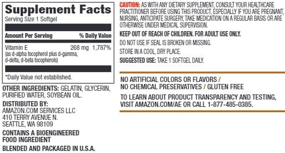 Amazon Elements Vitamin E, 400 IU, 100 Softgels, 100 Days of Supply (Packaging May Vary)