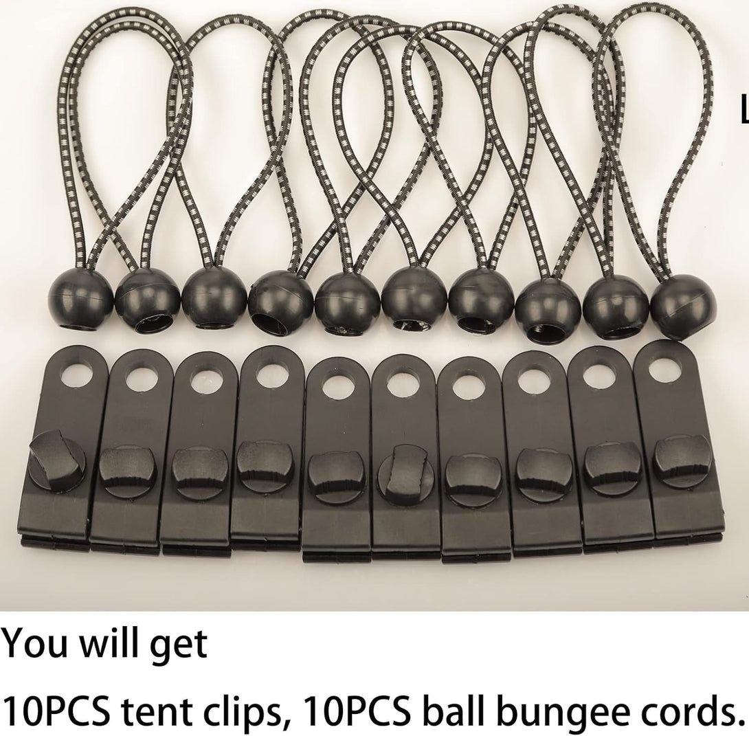 Feggiuzli 10Pcs Tarp Clips Lock Grip with 10Pcs Ball Bungee Cords for Awning Camping, Plastic Tent Clips Tarp Clamps Tent Fastener Clips Linoleum Tent Clip Canvas Clips Tarpaulin Clip Car Cover Clips