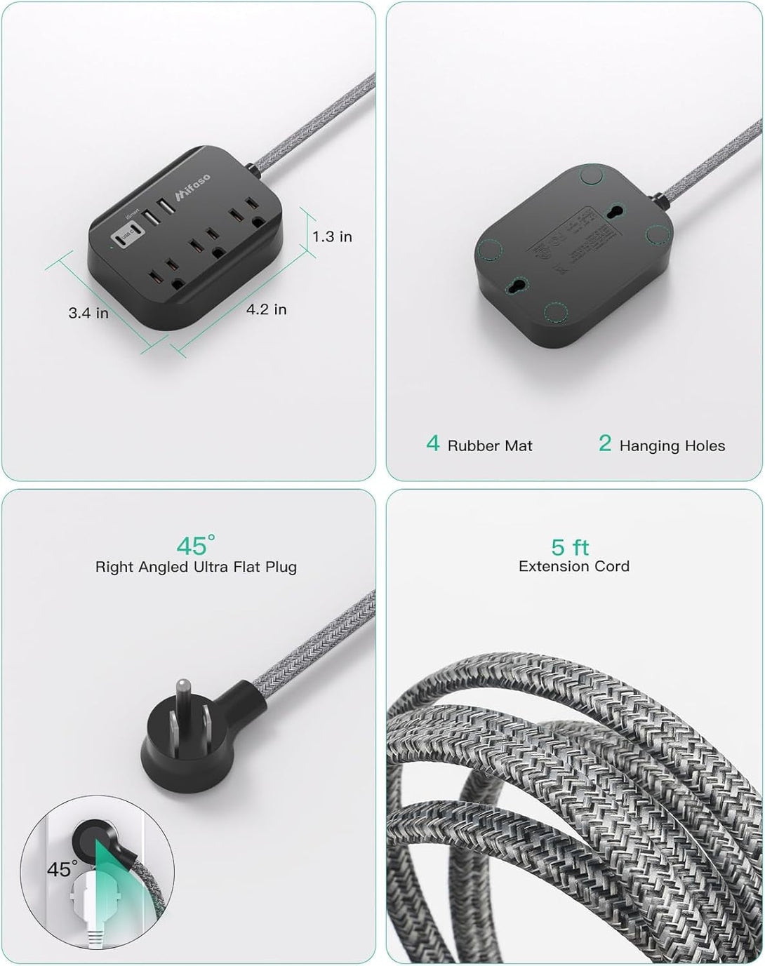 Cruise Ship Essentials - Mifaso Power Strip with USB, Mountable Flat Plug Power Strip with 3 Outlets 4 USB Ports(Smart 3.1A), 5Ft Braided Extension Cord, Compact for Cruise Ship, Travel, Home, Dorm