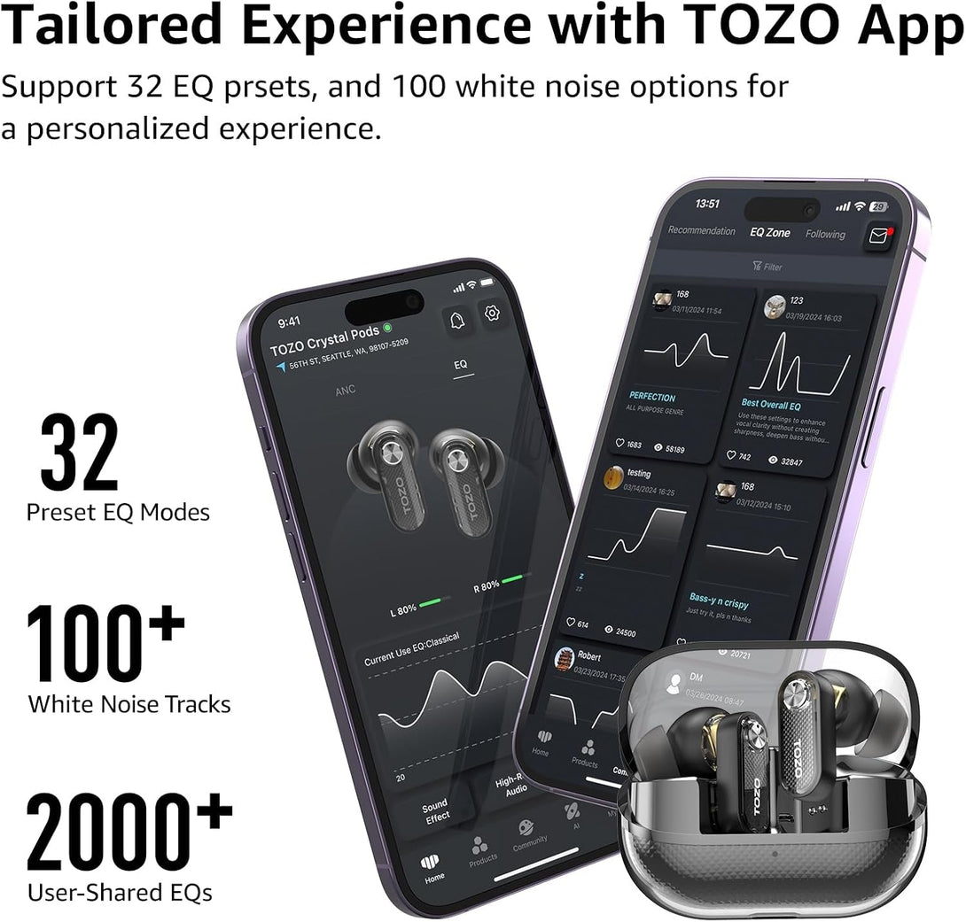 TOZO Hybrid Active Noise Cancelling Wireless Earbuds, 10Mm Drivers Deep Bass Stereo Sound, 4 Mics Smart ENC AI Calls, 32 EQ Customization via App, Bluetooth 5.4 Headphones, Crystal Case Design