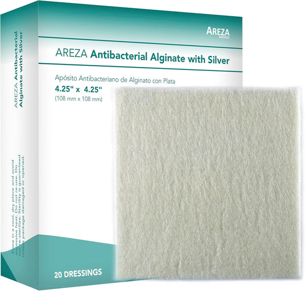 Areza Medical - Silver Alginate (Antibacterial Alginate with Silver) - Sterile - Wound Dressing Pads - 4.25" X 4.25" (10.8 Cm X 10.8 Cm) - 20 PCS per Box - FSA/HSA Approved