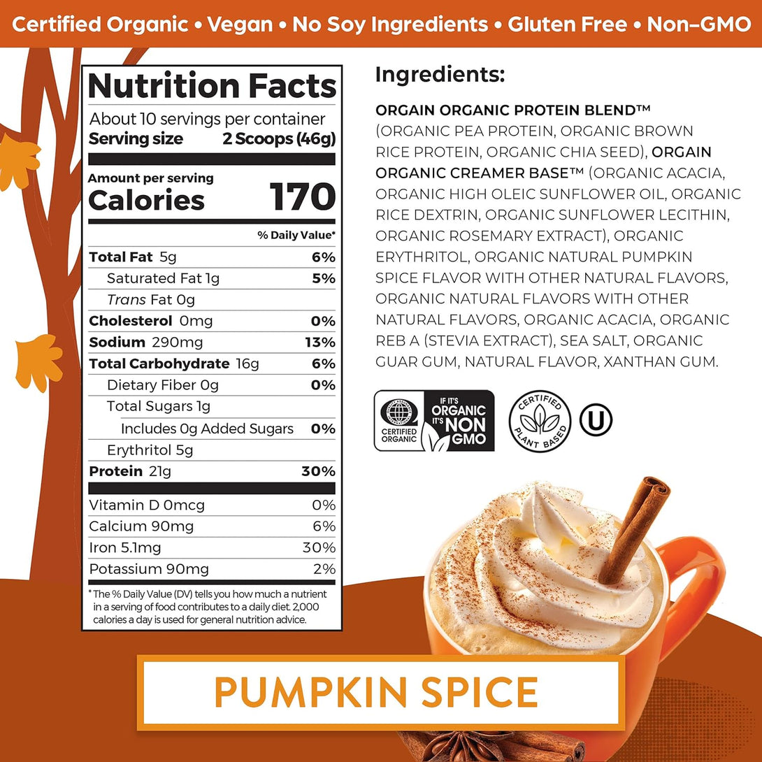 Orgain Organic Vegan Protein Powder, Pumpkin Spice Seasonal Flavor - 21G of Plant Protein, 5G Prebiotic Fiber, No Lactose Ingredients, No Added Sugar, Non-Gmo, for Shakes & Smoothies, 1.02 Lb