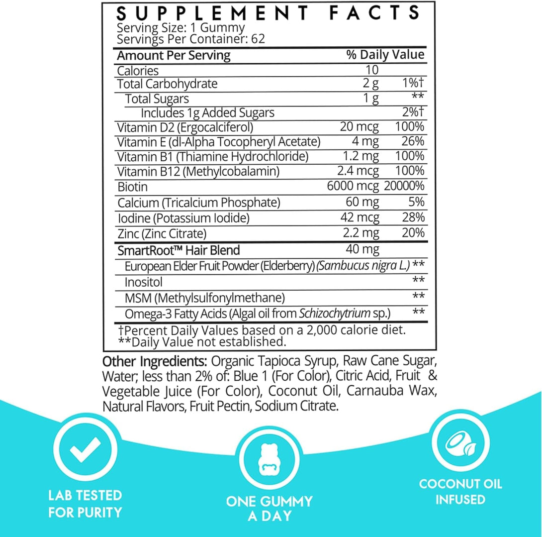 Sugarbear Hair Vitamin Gummy 2 Month Supply Extra Strength Biotin 6000Mcg, Growth for Men & Women, Vegan Vitamin B12, MSM, Inositol, Omega 3, Elderberry, Certified Kosher, Halal, Cruelty-Free