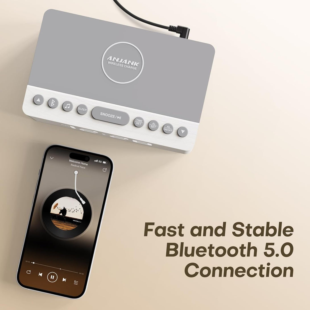 ANJANK Wooden Sound Machine Alarm Clock for Bedroom, Bluetooth Speaker, 20 Soothing Sounds, 0-100% Dimmer, Wireless Charging Station for Iphone/Samsung, Sleep Timer, White Noise Machine for Sleeping